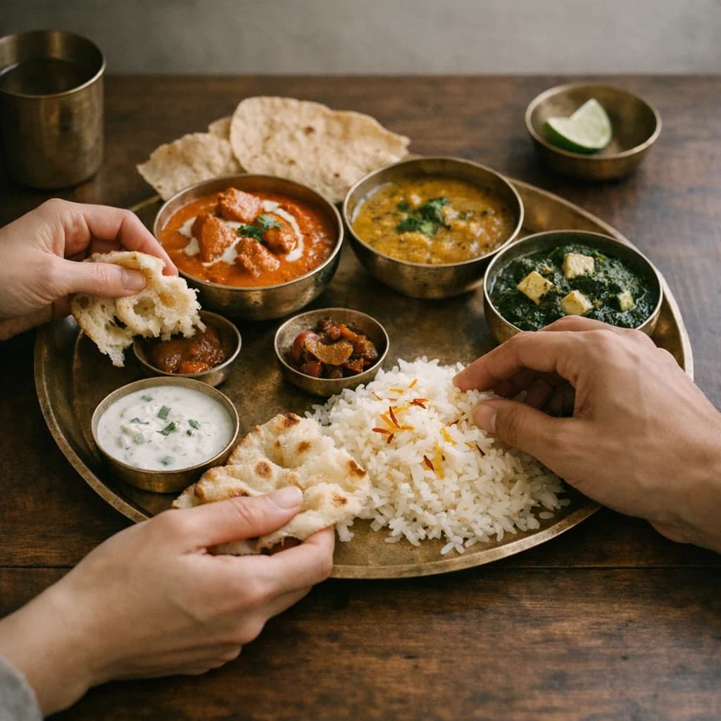 Colorful Indian thali with butter chicken and fresh naan
