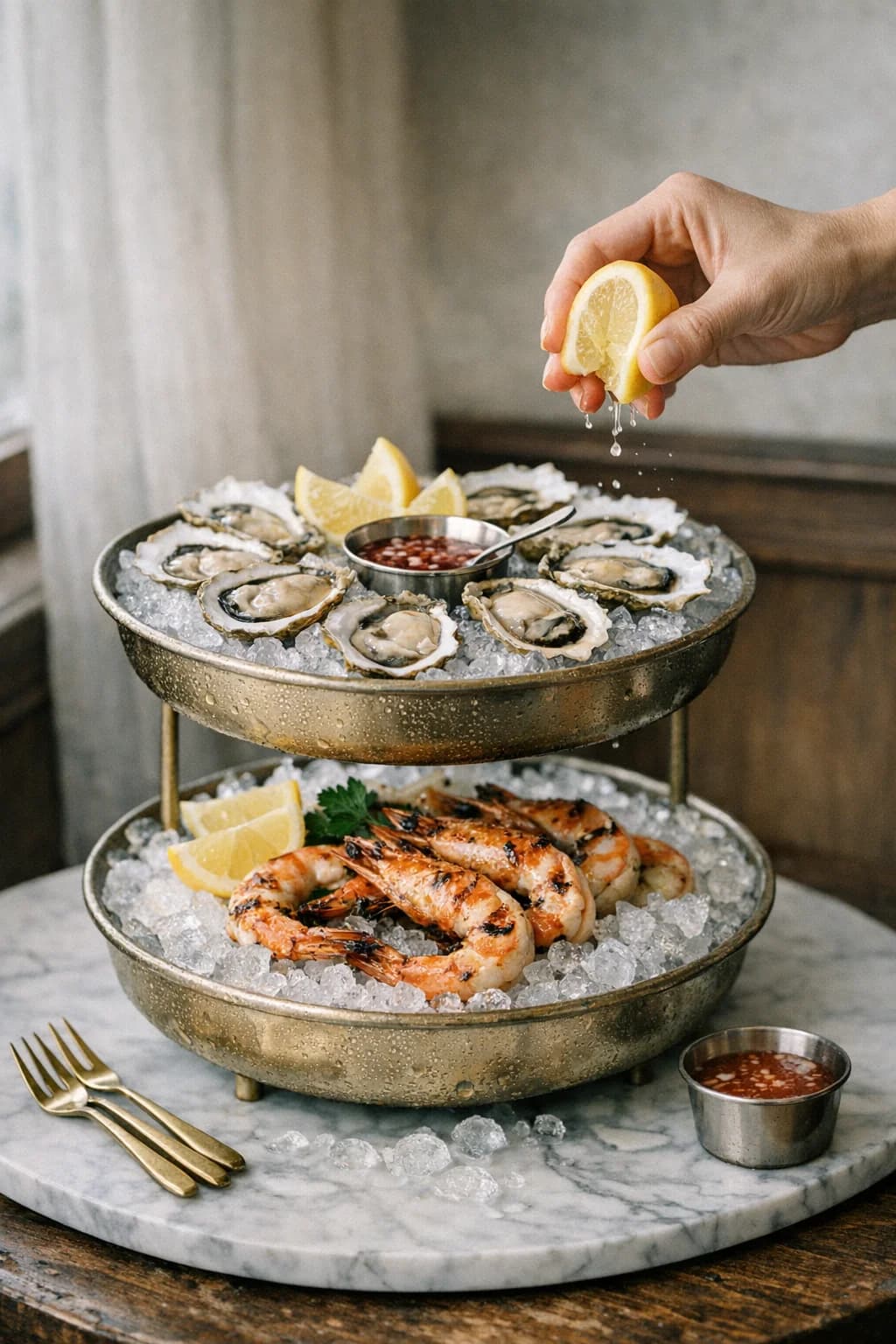 Elegant seafood platter with fresh oysters on ice